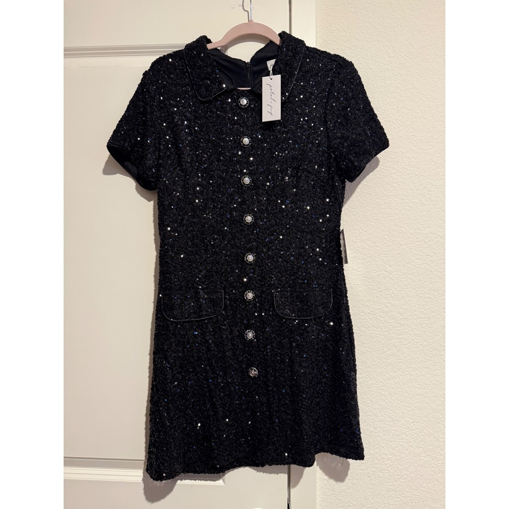 Petal + Pup Mckenzie Mini Dress Black Sequin Tweed Pearl Button Collar L